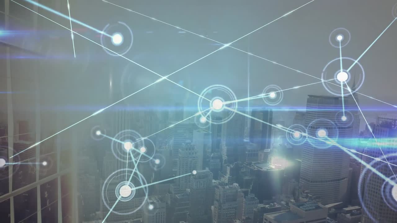 Animation of network of connections over cityscape