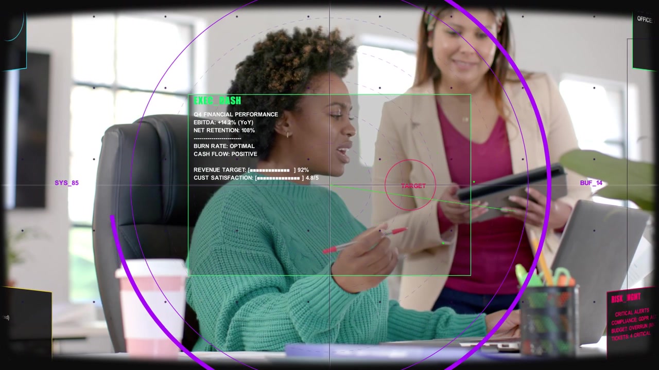 Woman tapping tablet in office, HUD tracking faces and annotating documents for team review