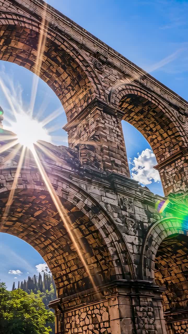 Vertikales Video: Kamera neigt sich, während die Sonne sich hinter einem Bogen versteckt, zeigt Steinbögen mit vertikalen Lichtreflexen.