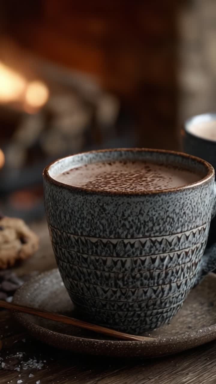 Una Tazza Confortante di Cioccolata Calda: Deliziati con il Calore e la Ricchezza di una Cremosa Bevanda al Cioccolato Servita con Biscotti Accanto al Caminetto Scoppiettante.