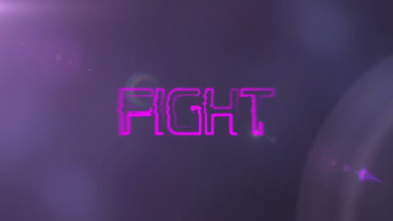 Animation af glitch-effekt over et 'fight'-tekstbanner og lyspletter mod grå baggrund.