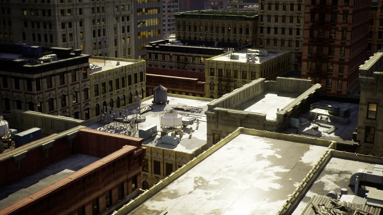 Radiant view of city rooftops with factory structures and glow