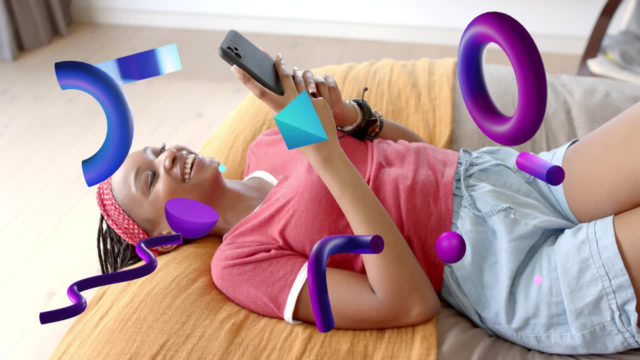 Woman lying on sofa tapping phone causing 3D shapes drifting between camera and woman for tech-demo