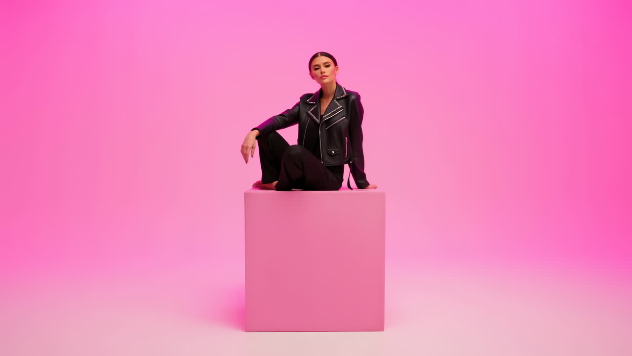 Modella su cubo rosa in posa con giacca di pelle in un ambiente studio minimalista con sfondo rosa vivido, fiduciosa