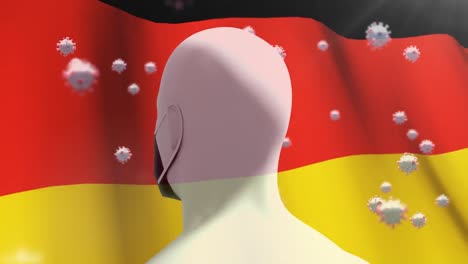 german flag waving against covid-19 cells and human head model wearing face mask