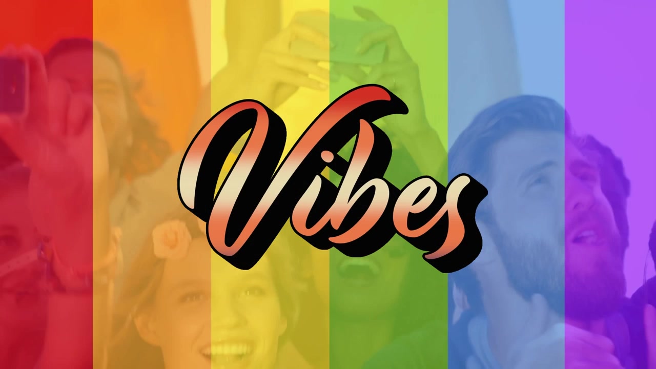 Animaatio "vibes"-tekstistä lgbt-lipun ja monimuotoisten ihmisten yllä.