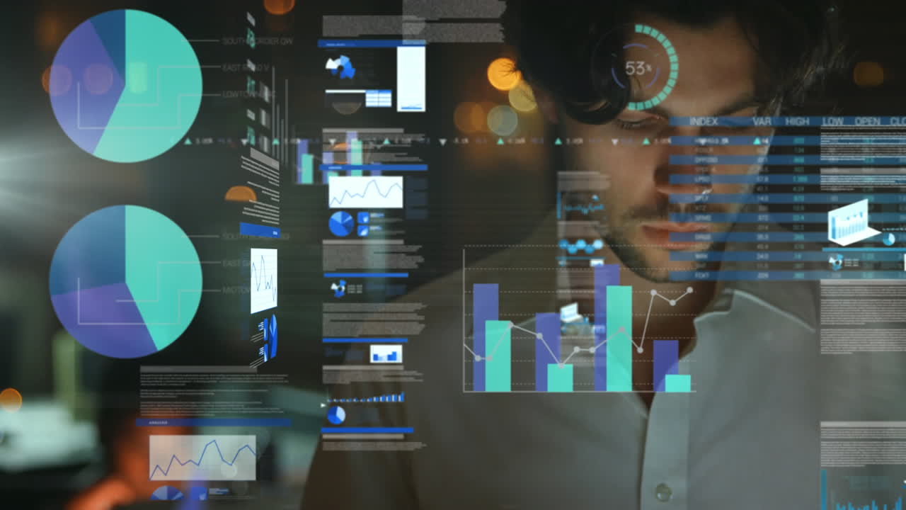 animación del procesamiento de datos estadísticos sobre el hombre caucásico usando una tableta digital en la oficina.