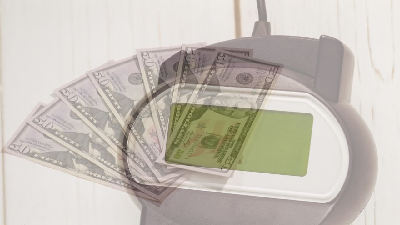 미국 달러 지폐와 결제 터미널의 애니메이션