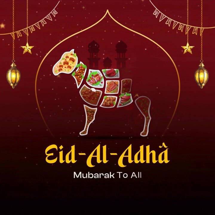 Animazione banner di auguri Eid Al Adha con arte culinaria a forma di mucca e piatti tradizionali di carne