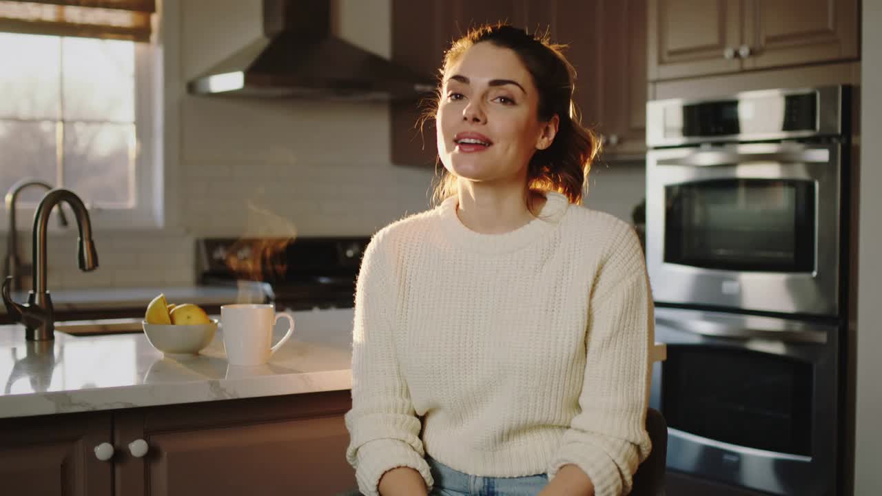 Registrazione in corso, donna con maglione color crema si rivolge alla telecamera dall'isola della cucina con una tazza calda e dei limoni