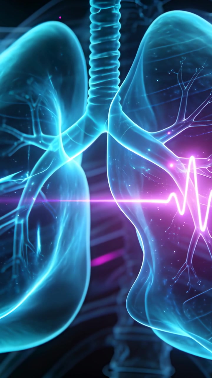 Vertical video: Scanning magenta line causing right lung pulsing in lab for scan, showing bronchi