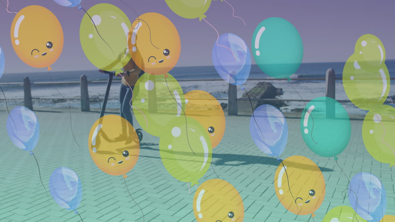 산책로에서 전기 스쿠터를 타고 있는 아프리카계 미국인 여성에 대한 다채로운 풍선 아이콘