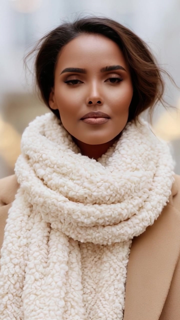 Uma mulher elegante usando um cachecol creme aconchegante e um casaco sofisticado, capturada em um momento de serenidade e estilo em meio a um fundo suavemente desfocado.
