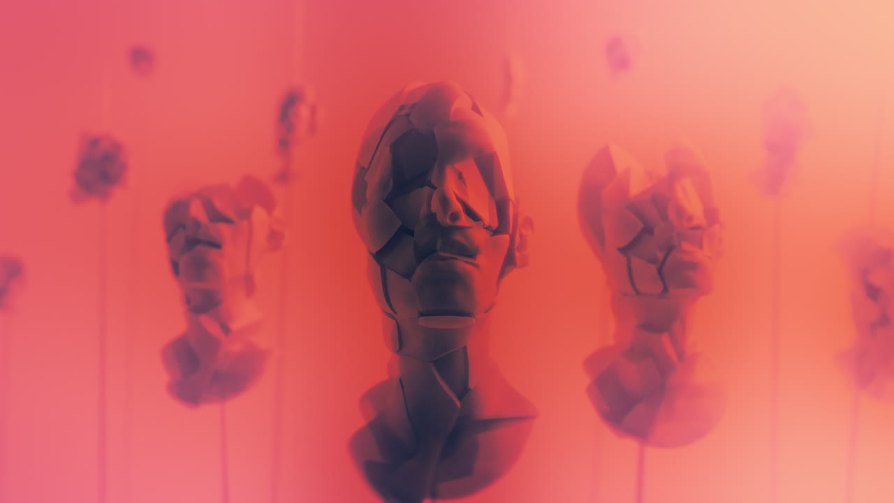 Destroyed android heads on spikes on the neon pink background