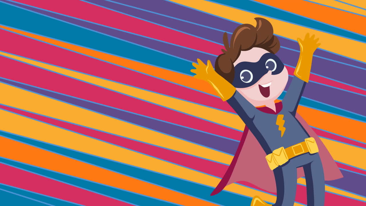 슈퍼히어로가 다채로운 대각선 줄무 ⁇  위를 날아다니는 레트로 음성 거품의 애니메이션