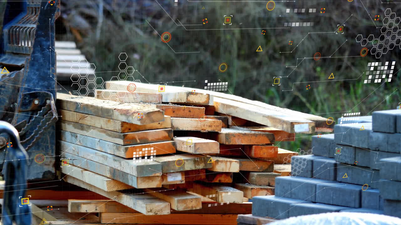 Animation of data processing over wood and bricks building materials