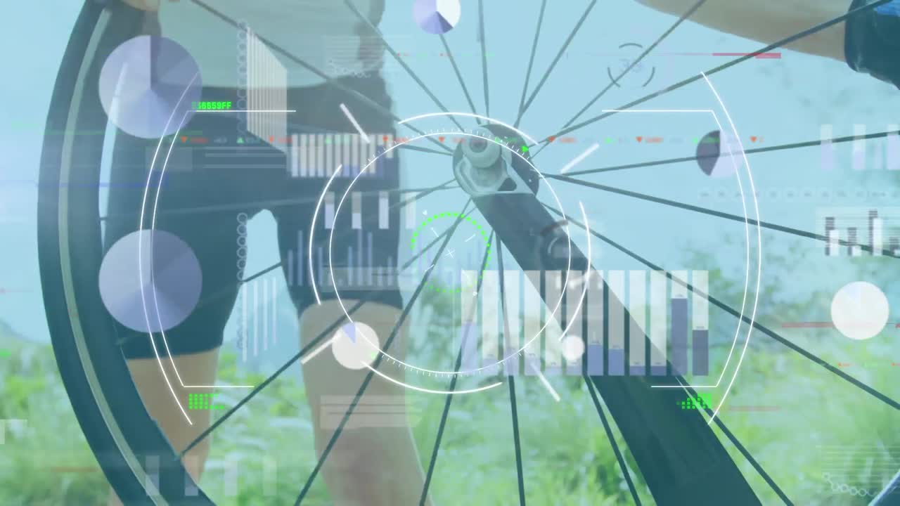 야외에서 자전거 바를 수리하는 백인 남성에 대한 데이터 처리 인터페이스의 애니메이션