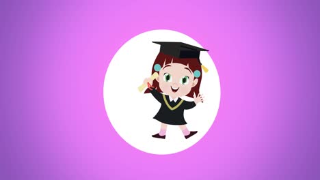 digital animation of graduated girl icon over white circular banner against purple background