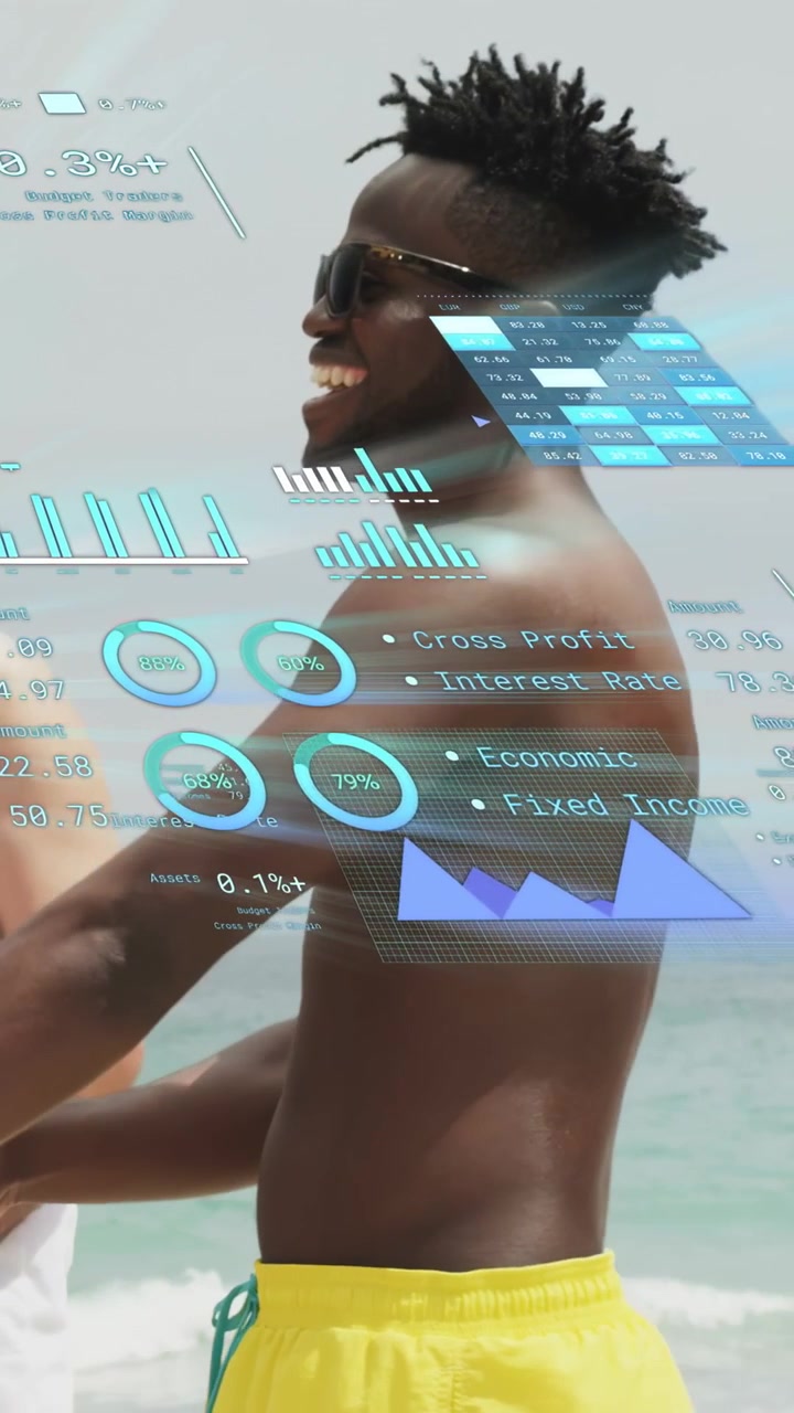 Vertical video: Companion speaking, man laughing on beach, technology graphs sliding across torso
