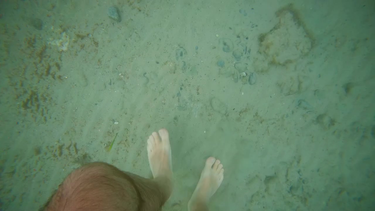 Un piede che poggia sul fondale sabbioso e limpido nell'acqua turchese dell'oceano, godendosi una vacanza rilassante e le ferie estive.