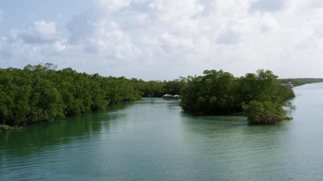 브라질 리오 그란데 도 노르테의 바라 데 쿤하우 근처의 쿠리마타우 강에서 분지하는 초가 우산이 있는 작은 외딴 천연 청록색 수영장의 공중 드론 샷의 돌리