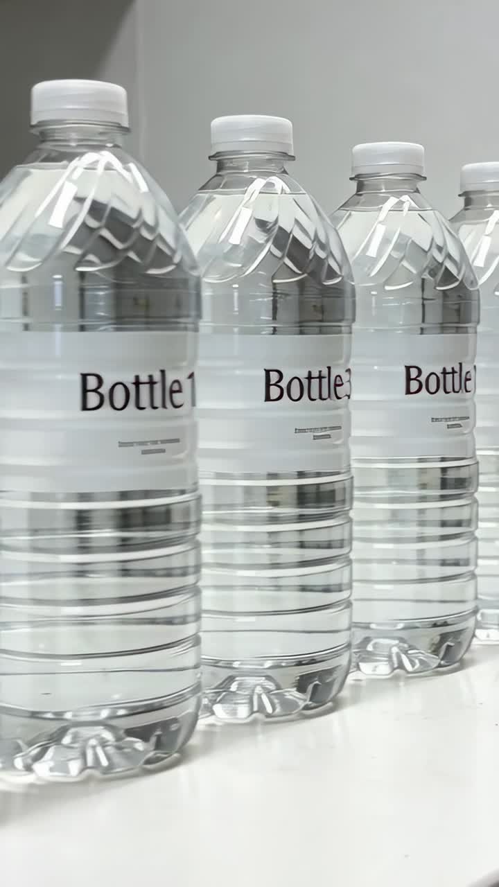 Pystyvideo: Kamera panoroi PET-pullojen yli valkoisella tiskillä, näyttäen etiketit Bottle3, Bottle1.