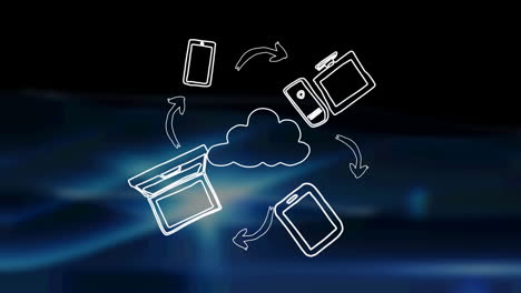 animación de la red de conexiones con nube e iconos sobre pantallas digitales