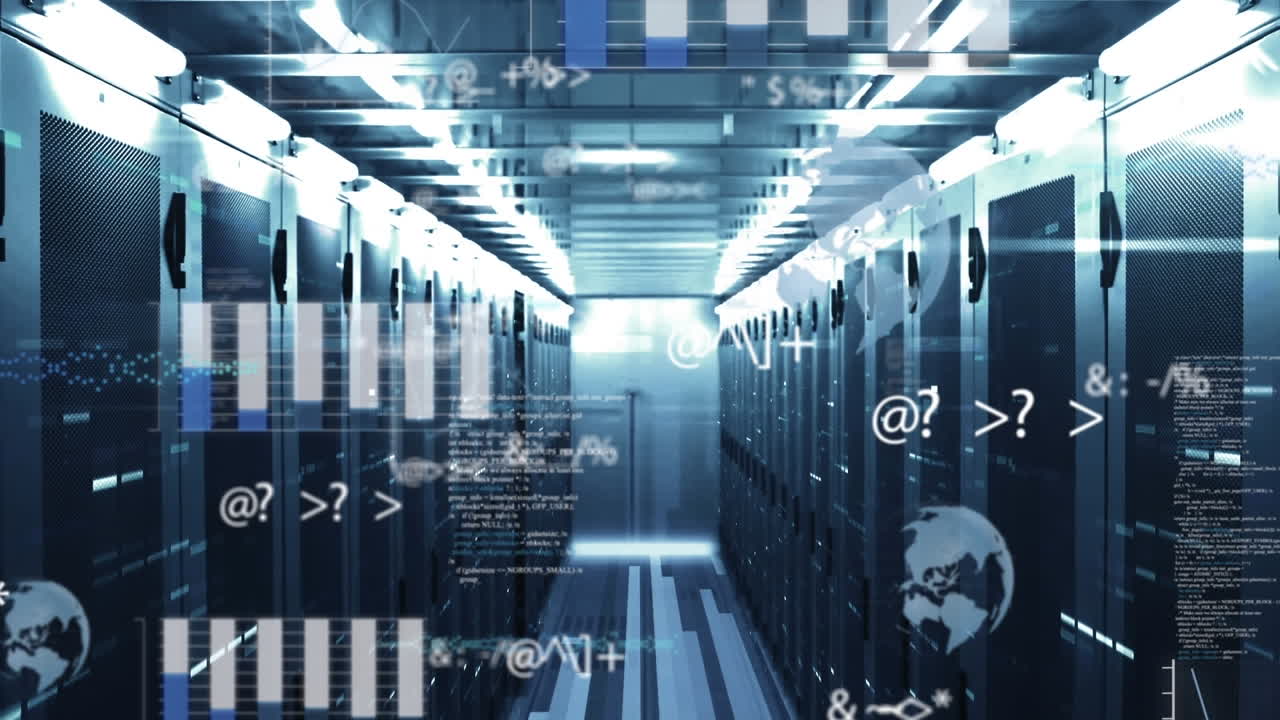 Animation of globe and data processing over server room