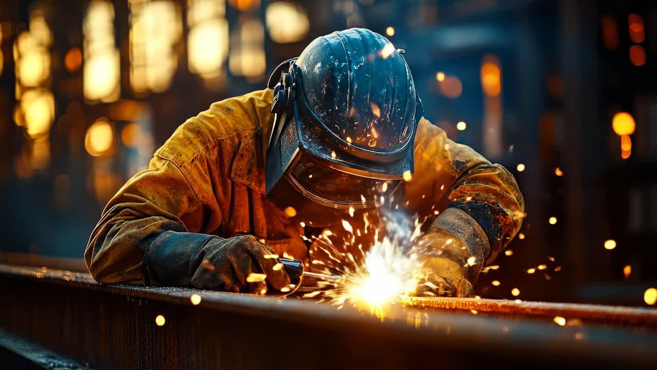 Night welding sparks fly. A worker uses a welding tool at night, creating sparks in a dimly lit environment and focusing on the task