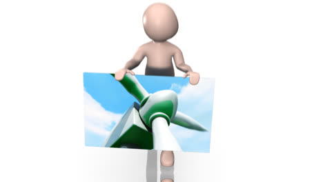 hombre en 3d mostrando la turbina de viento