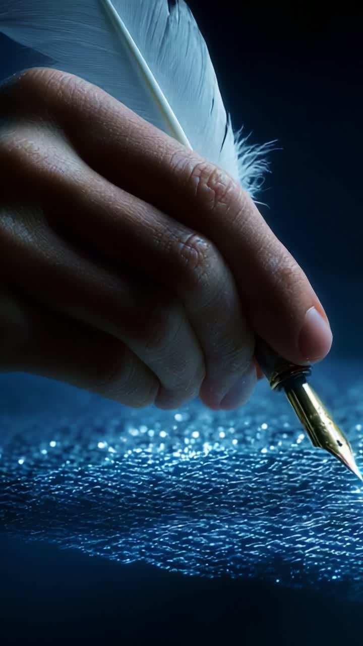 A delicate hand poised in the act of writing with a quill pen, surrounded by a shimmering blue backdrop that emphasizes the artistry and emotion involved in the creative process of capturing thoughts on textured paper