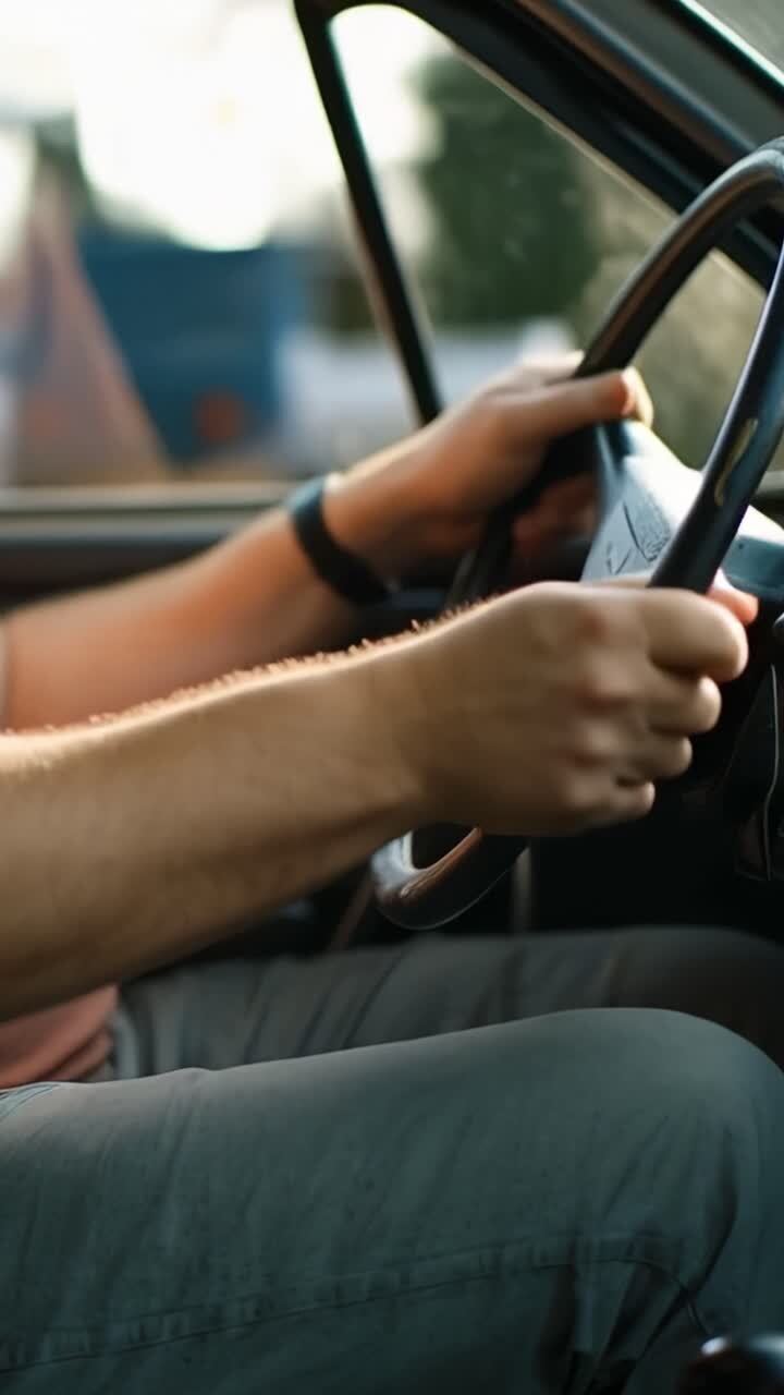 Uomo siede in auto, mani sul volante, indossando una camicia marrone. La luce del sole evidenzia il suo profilo laterale e la pancia. Appare calmo, concentrato alla guida. Adatto per campagne sulla salute, annunci di perdita di peso.