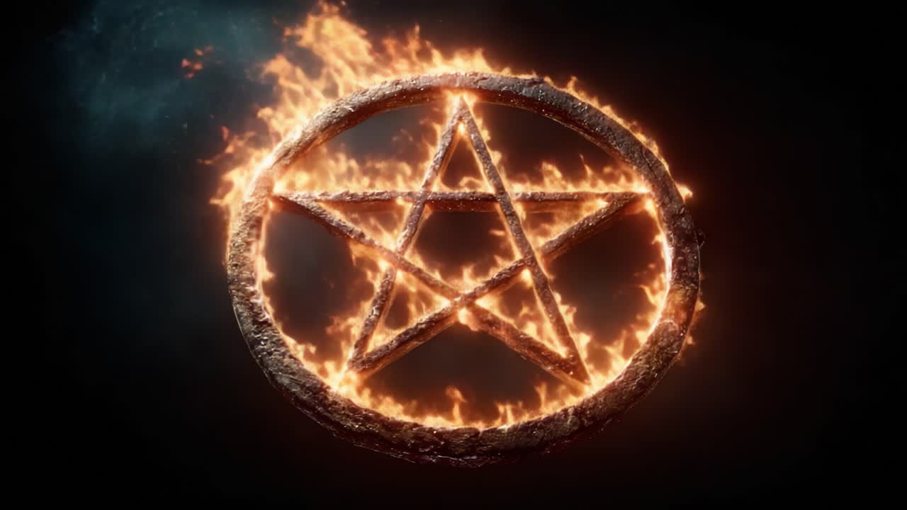 Api Memukau Menyelimuti Simbol Pentagram, Menciptakan Kontras Visual yang Mencolok di Atas Latar Belakang Gelap dalam Urutan Video Dinamis Ini