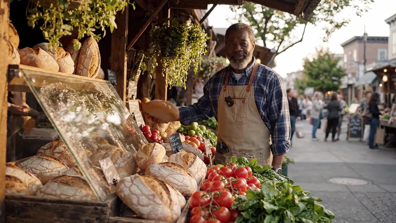 Encantador vendedor de mercado exhibiendo pan fresco y productos agrícolas en un bullicioso mercado al aire libre al atardecer, destacando la comunidad y la agricultura local