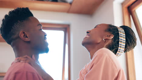 Kitchen,-face-and-happy-black-couple-laughing