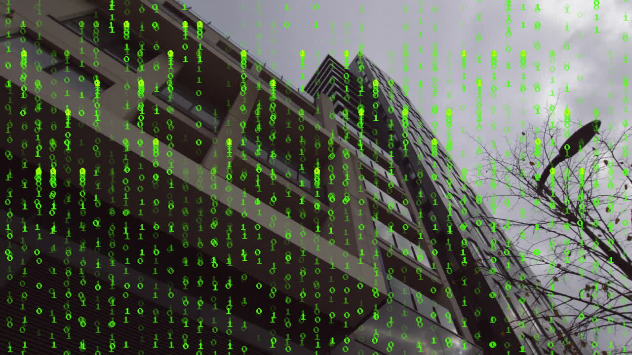 Green binary code animation over modern building and tree against cloudy sky