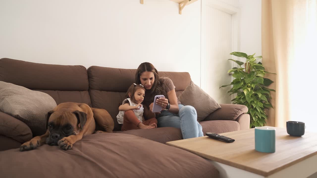 Boxer dog relaxing by mother and girl using cellphone on sofa