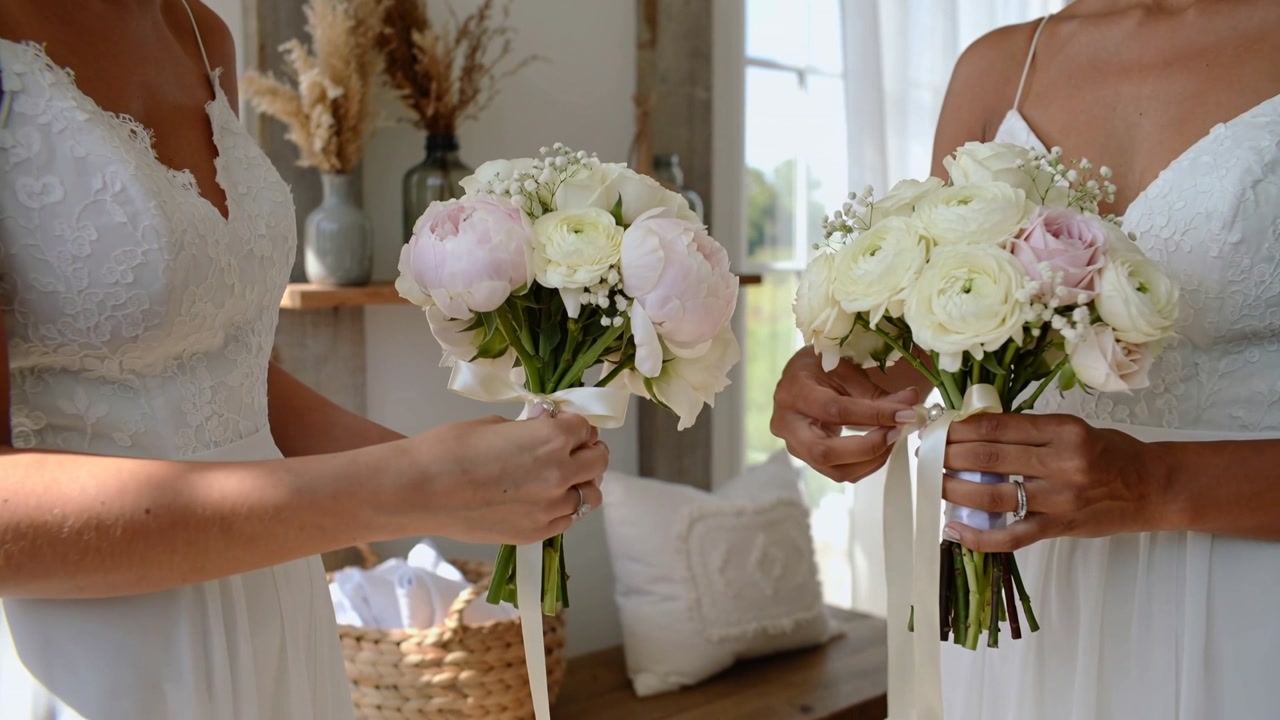 Reaching left woman tying ribbon on bouquet in prep room, white lace gowns, preparing for ceremony