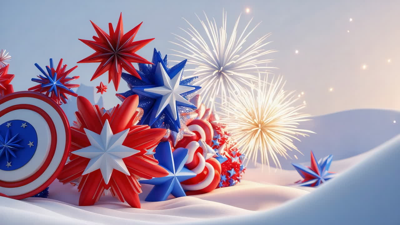 Patriotic Stars and Decorations in a Snowy Landscape with Fireworks