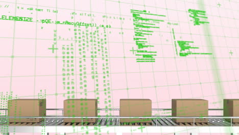 animación del procesamiento de datos y cajas en cinta transportadora sobre fondo blanco.