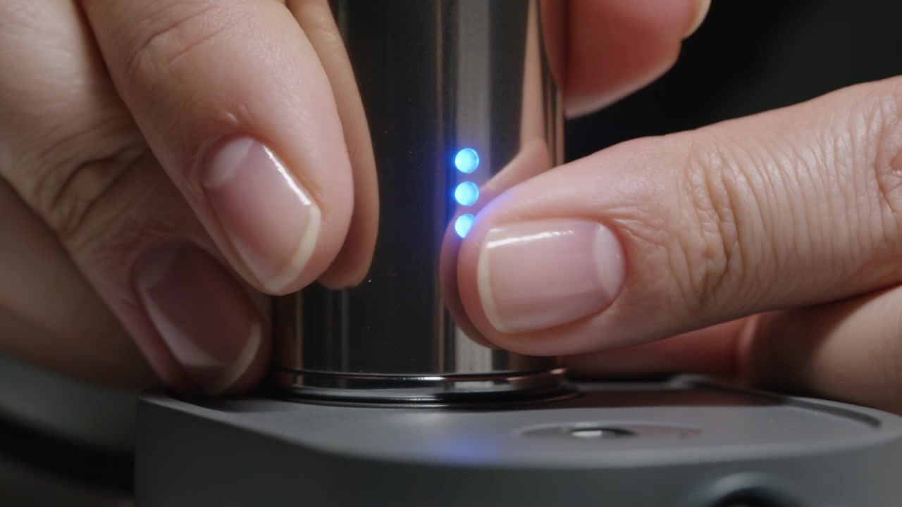 Positioning operator hands guiding metal cylinder into matte base at tabletop, activating blue LEDs