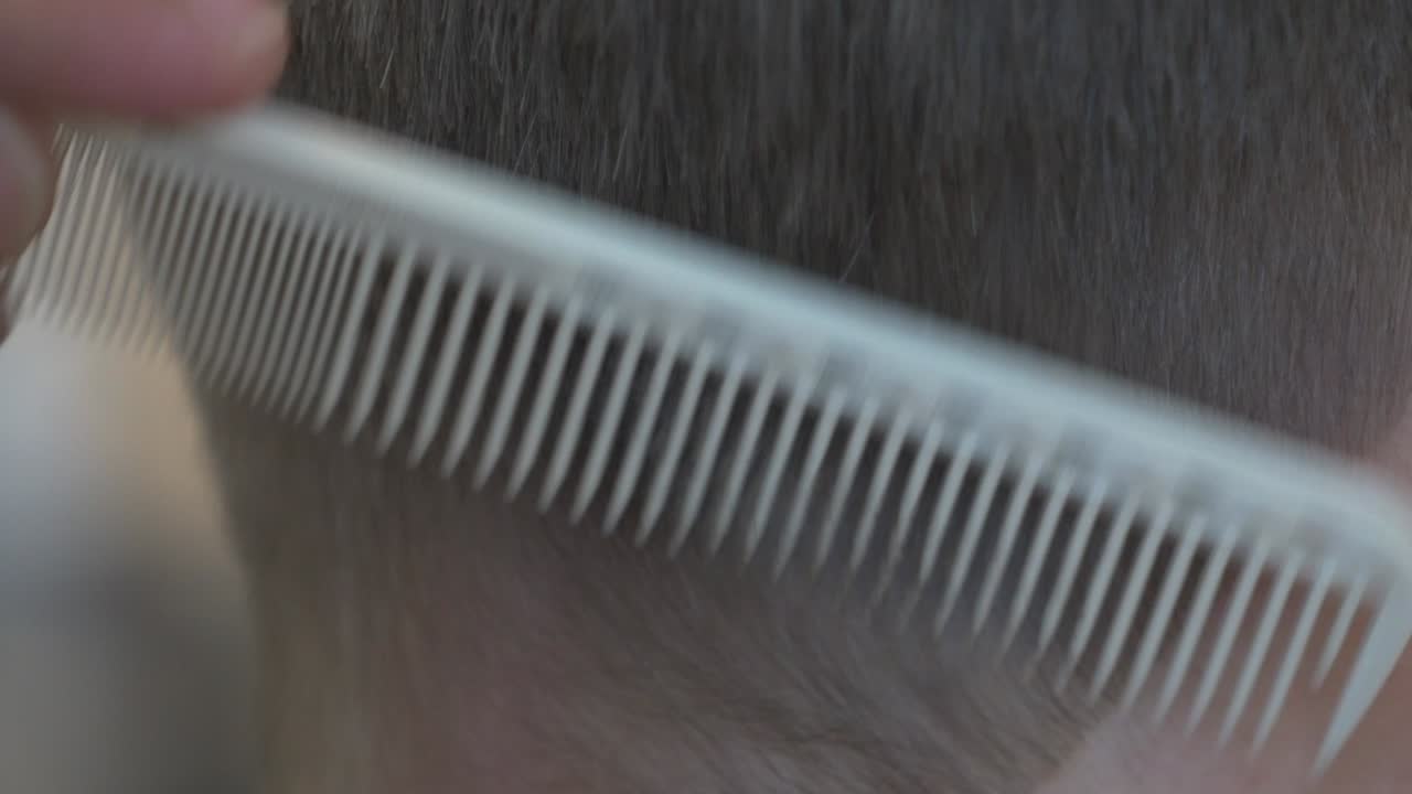 헤어드레이서와 함께 느린 동영상으로 고객의 머리카락을 가위로 잘라줍니다.