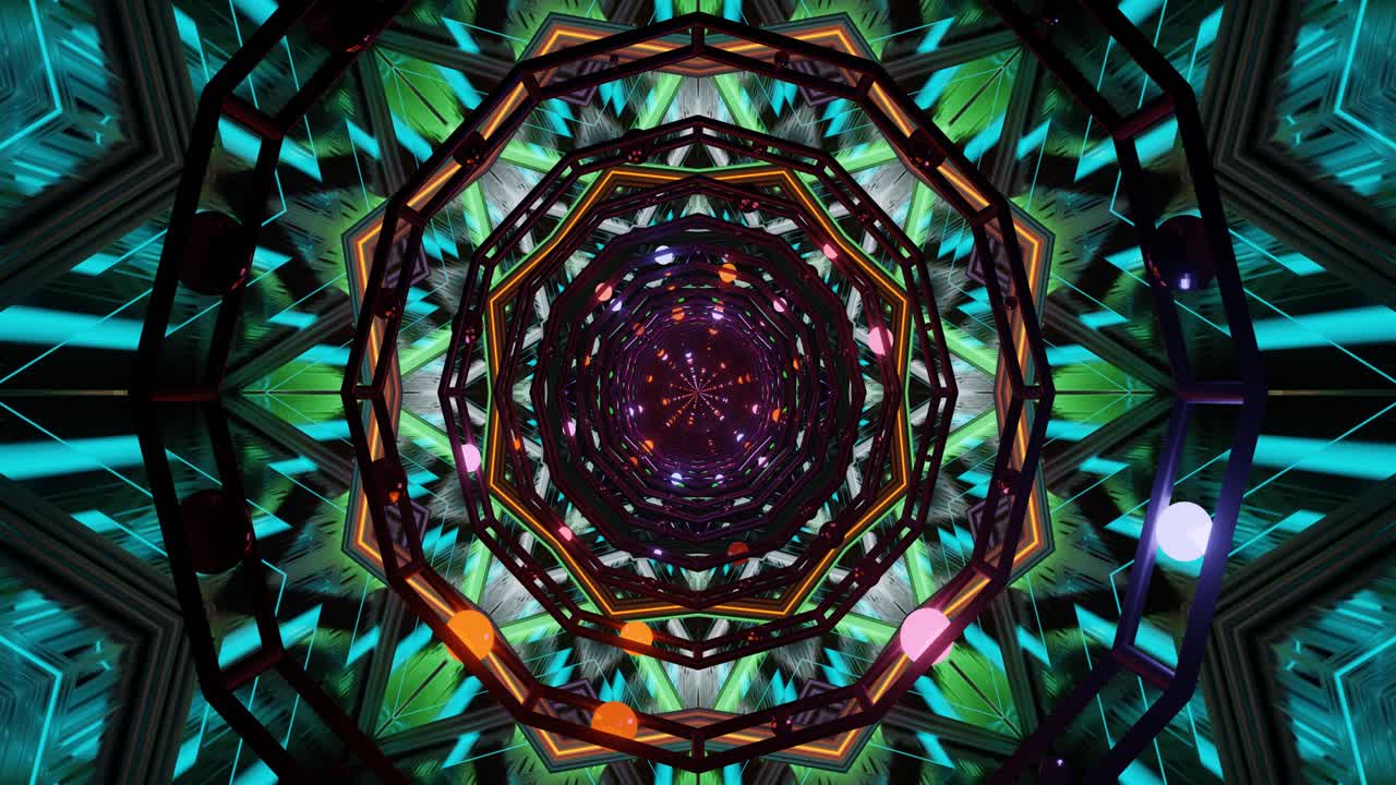 Vivid geometric shapes and swirling colors create an immersive visual experience. The pattern continuously loops, enhanced by pulsating light effects that captivate viewers
