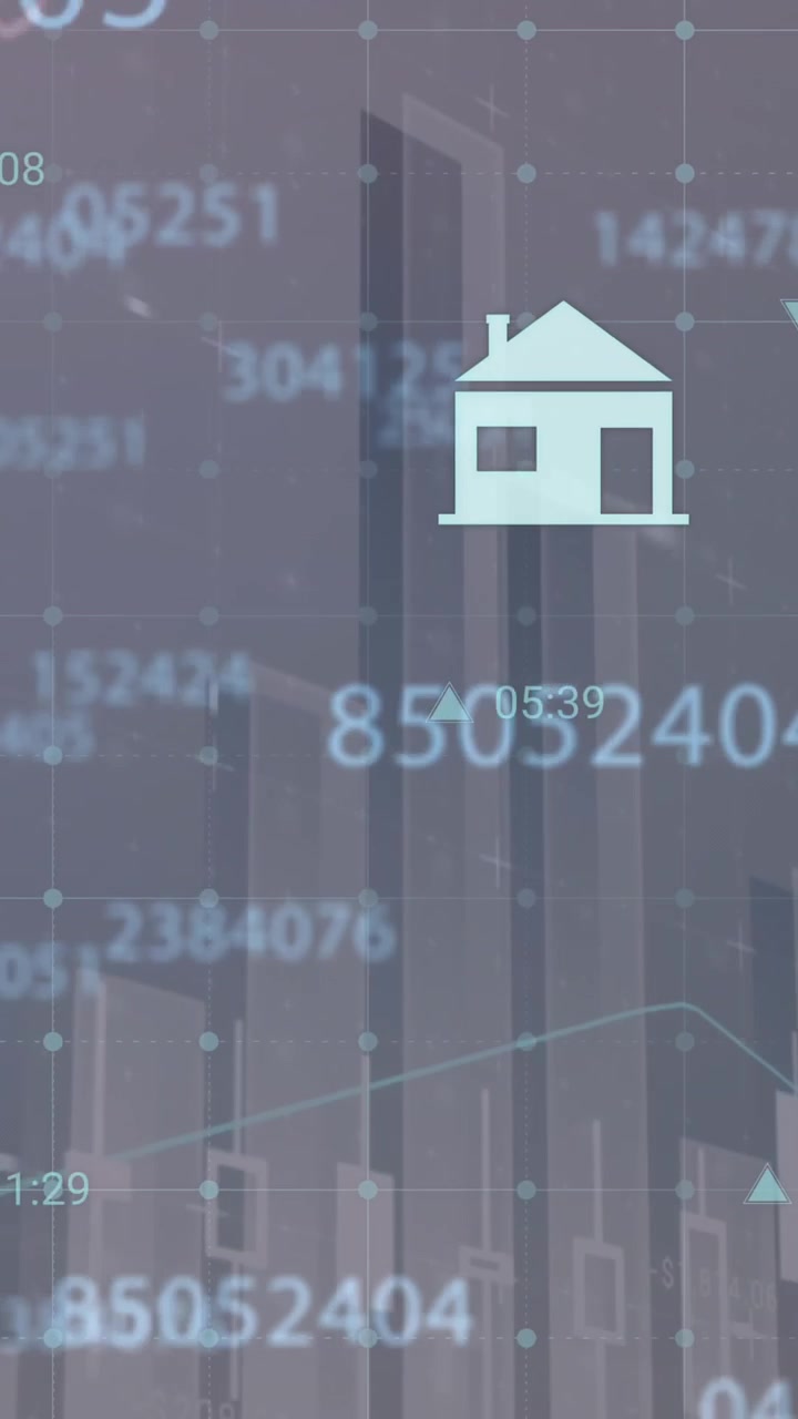 Animazione di elaborazione dati statistici, icone digitali e numeri che cambiano su sfondo grigio