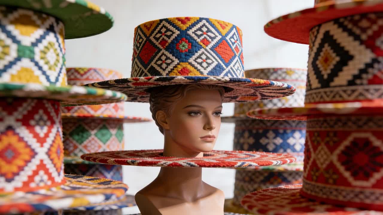 Kameran zoomar in på en skyltdocka i kvinnlig form som bär en broderad hatt och visar brättets detaljer för att exponera detaljhandel