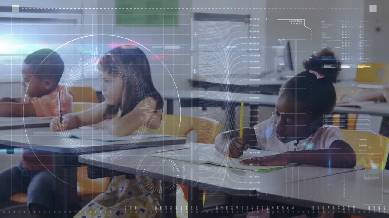 Three students arranging workbooks at desks then starting writing letters for handwriting practice