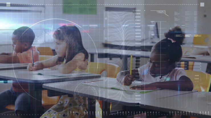 Three students arranging workbooks at desks then starting writing letters for handwriting practice