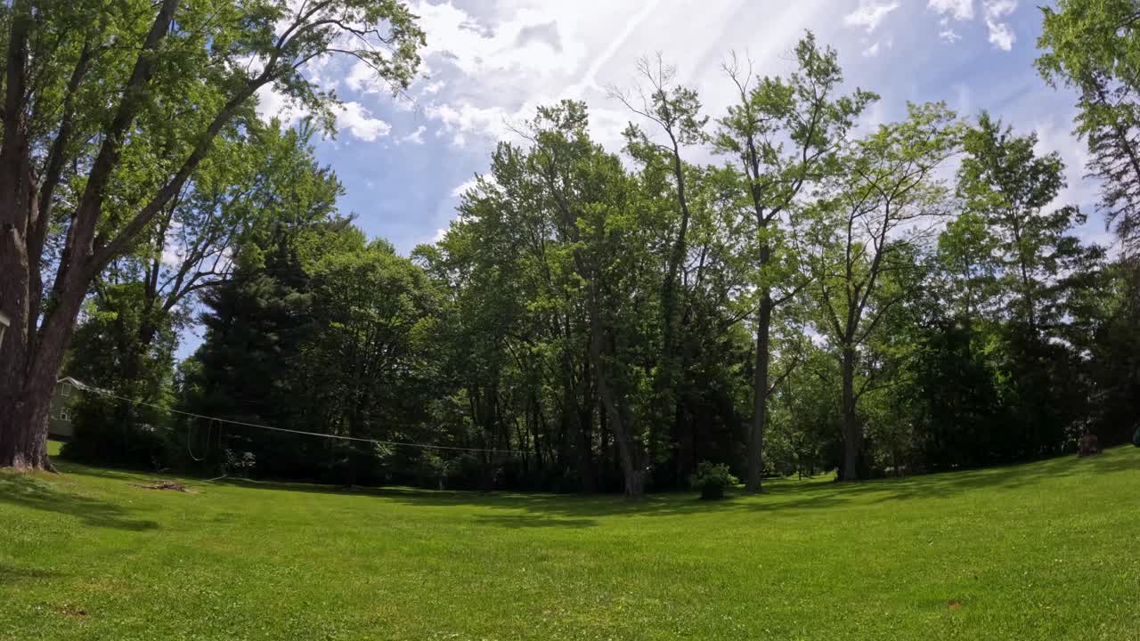 화창한 날 넓은 잔디 정원에 있는 고정 시간 경과 카메라