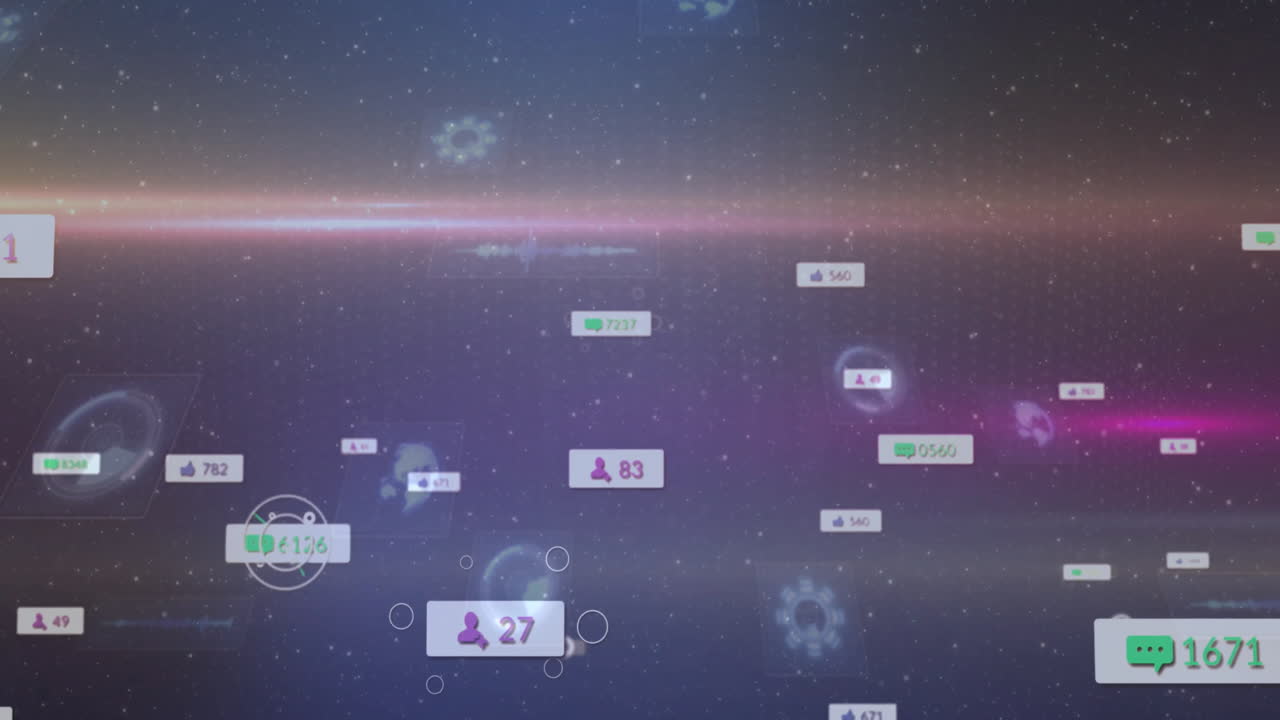 Digital data and social media icons floating in cosmic space animation