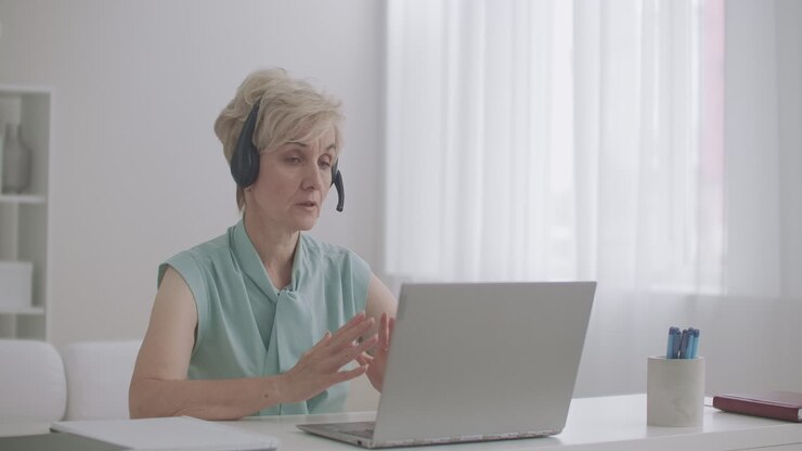uno specialista del supporto tecnico o del call-center sta consultando un cliente online una donna con le cuffie sta rispondendo alla chiamata tramite laptop